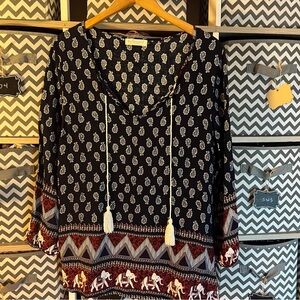 Navy and White Boho Blouse with Tie Front